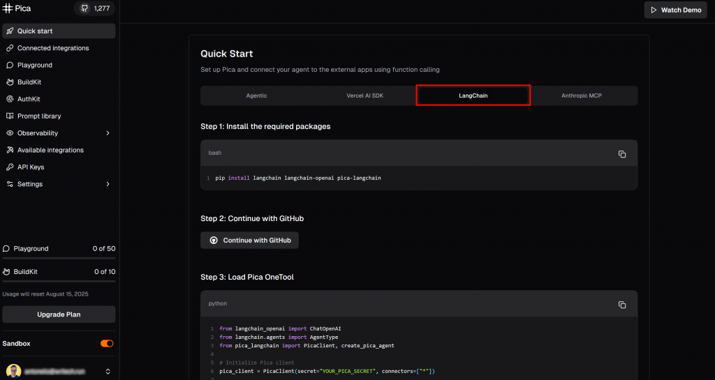 LangChain」タブを開く