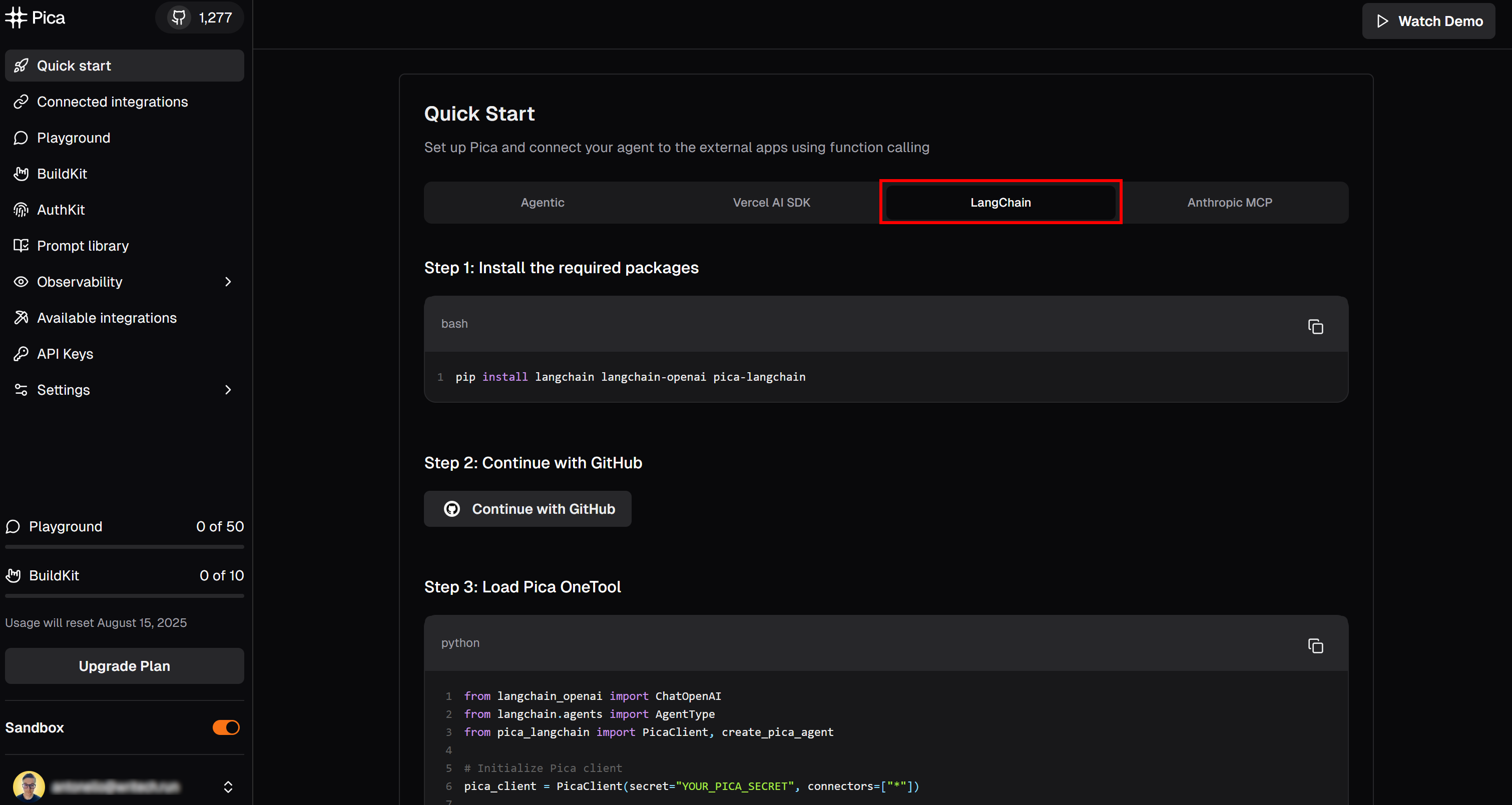 Opening the “LangChain” tab