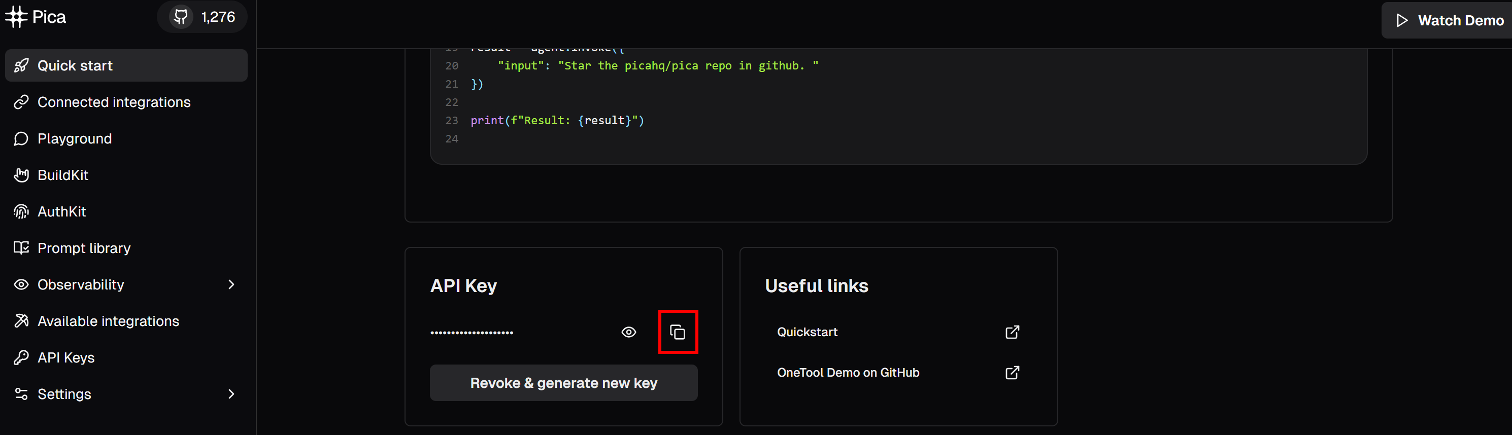 Clicking the “Copy to clipboard” button in the “API Key” section