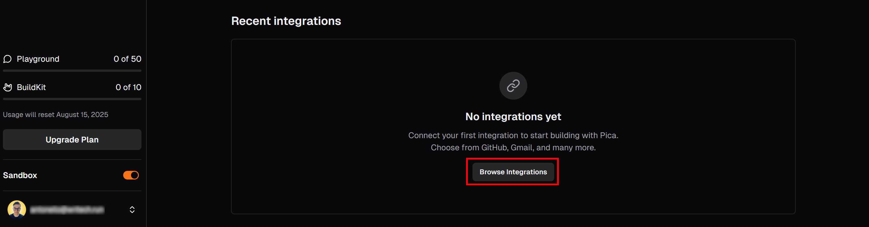Clicking the “Browse integrations” button