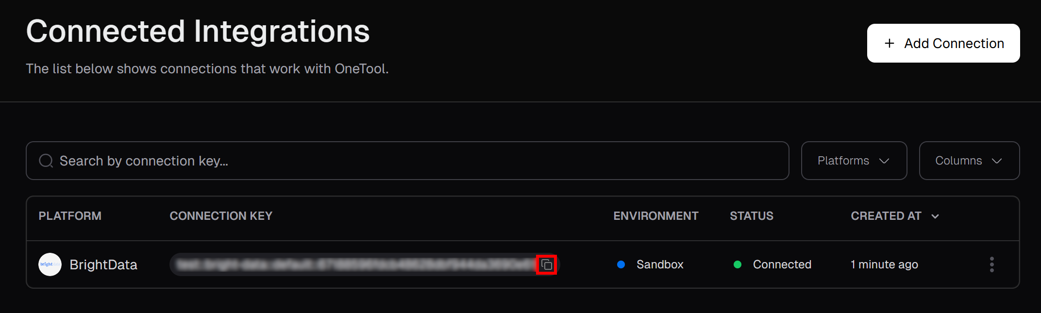 Copying the Pica Bright Data connection key