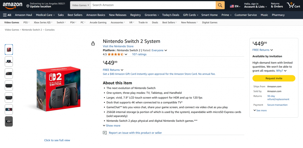 アマゾンのニンテンドースイッチ2対象ページ