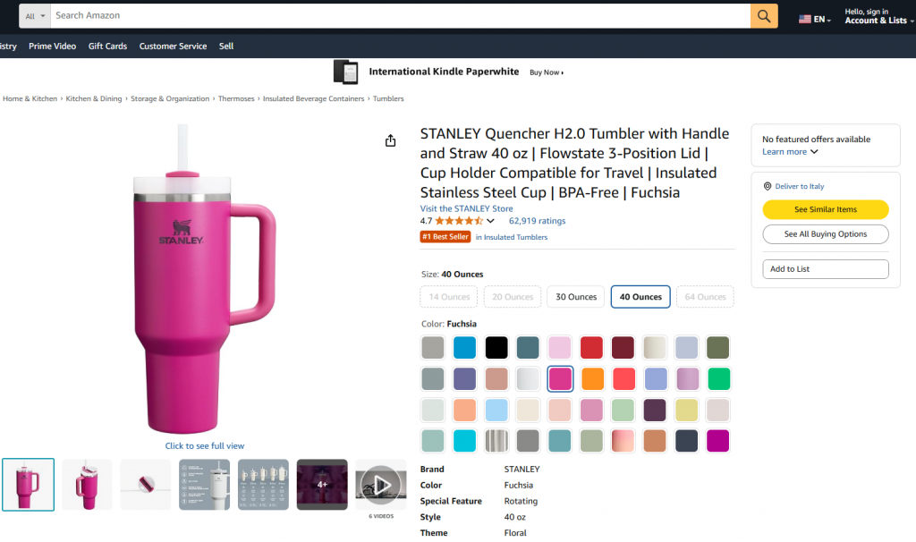 A página da Web de destino da Amazon