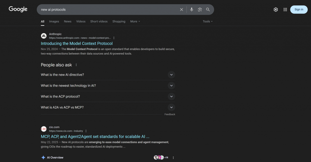 Die "neuen KI-Protokolle" Google SERP