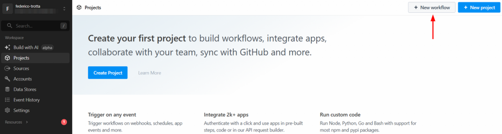 Criação de um novo fluxo de trabalho no Pipedream