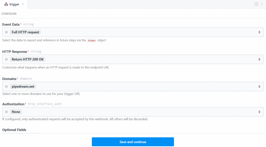 As configurações do acionador do Webhook