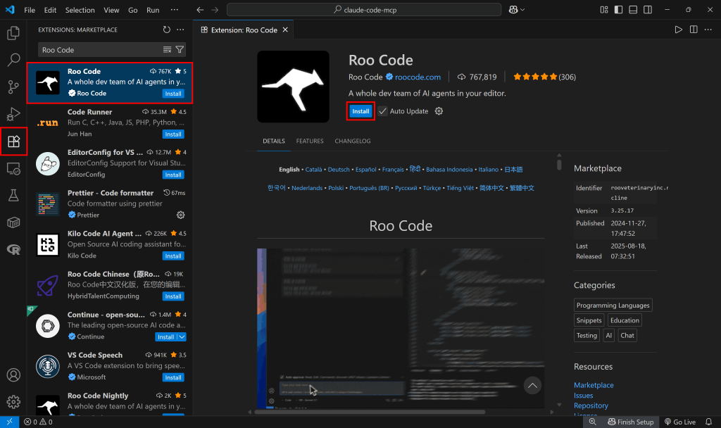 Clicking the “Install” button to install Roo Code in VS Code