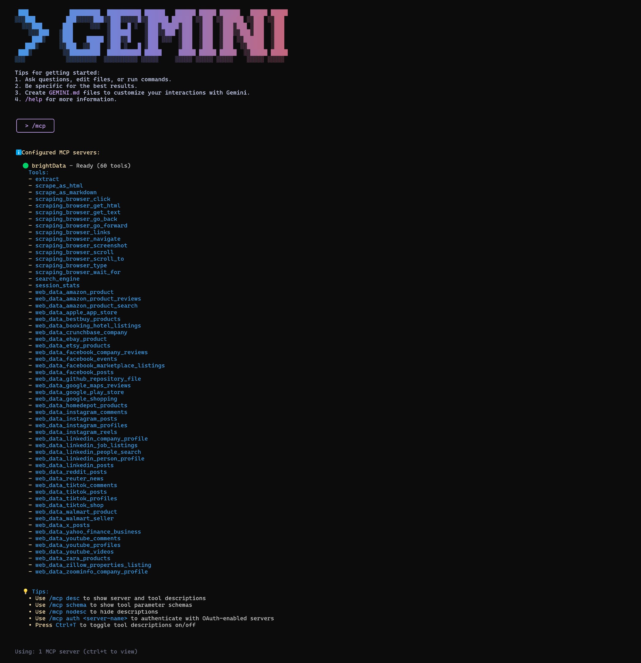 The Bright Data Web MCP server integration in the Gemini CLI