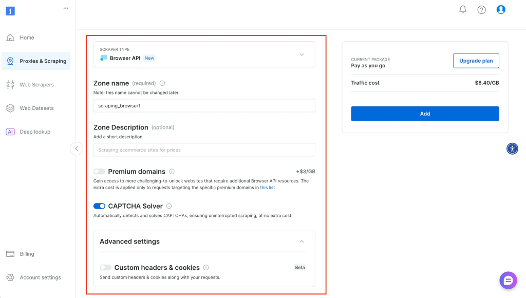 Configuración de la nueva zona API del navegador