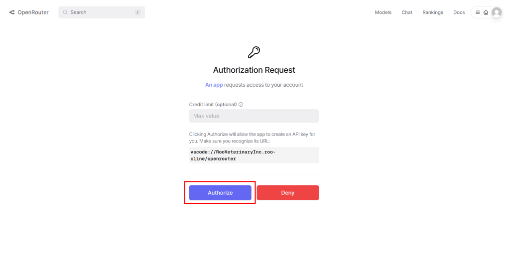 Clicking “Authorize” to authorize the OpenRouter connection in Roo Code