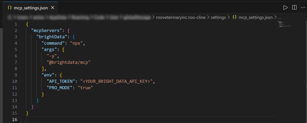 The populated mcp_settings.json file in VS Code
