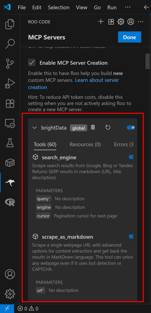 The available tools in Roo Code from the Web MCP