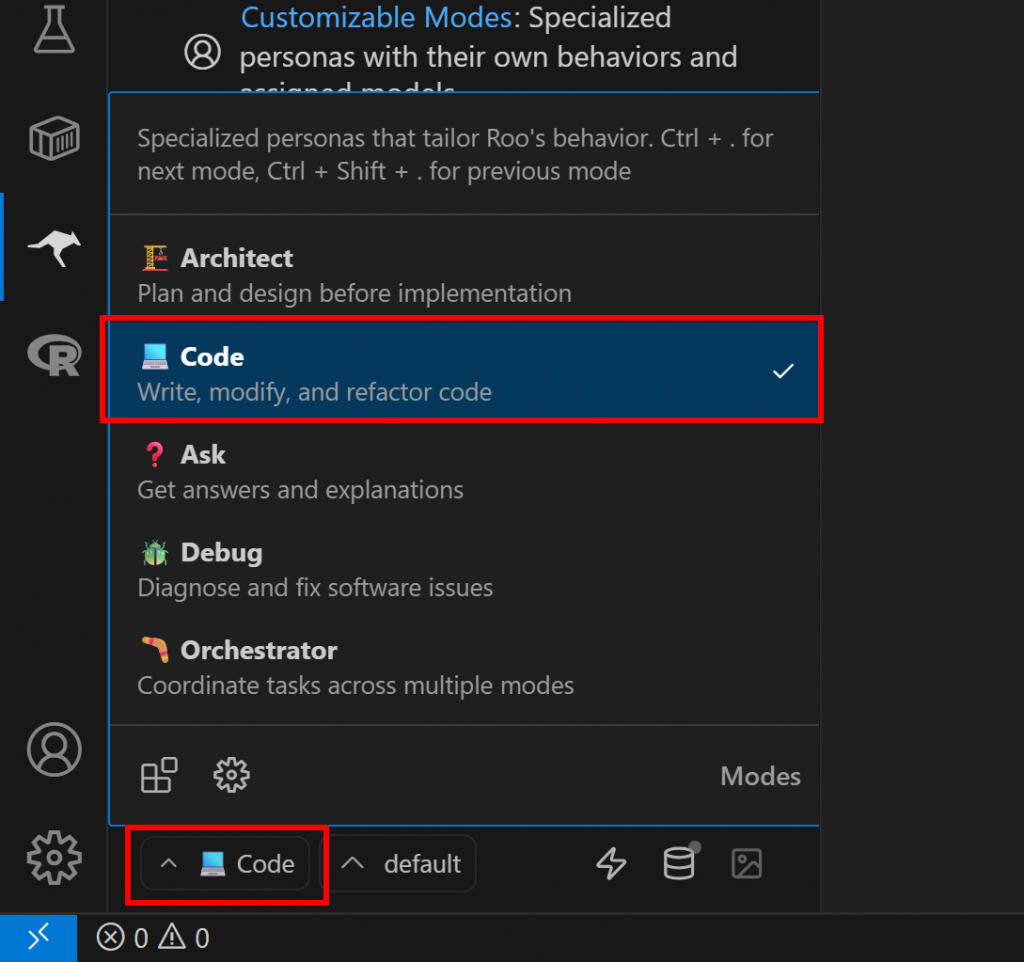 Switching to Code mode in Roo Code