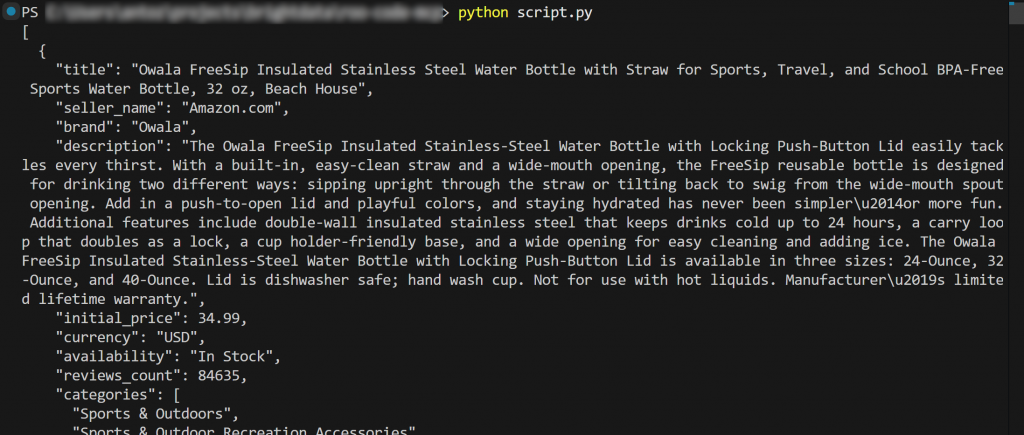 The output produced by the generated Python script