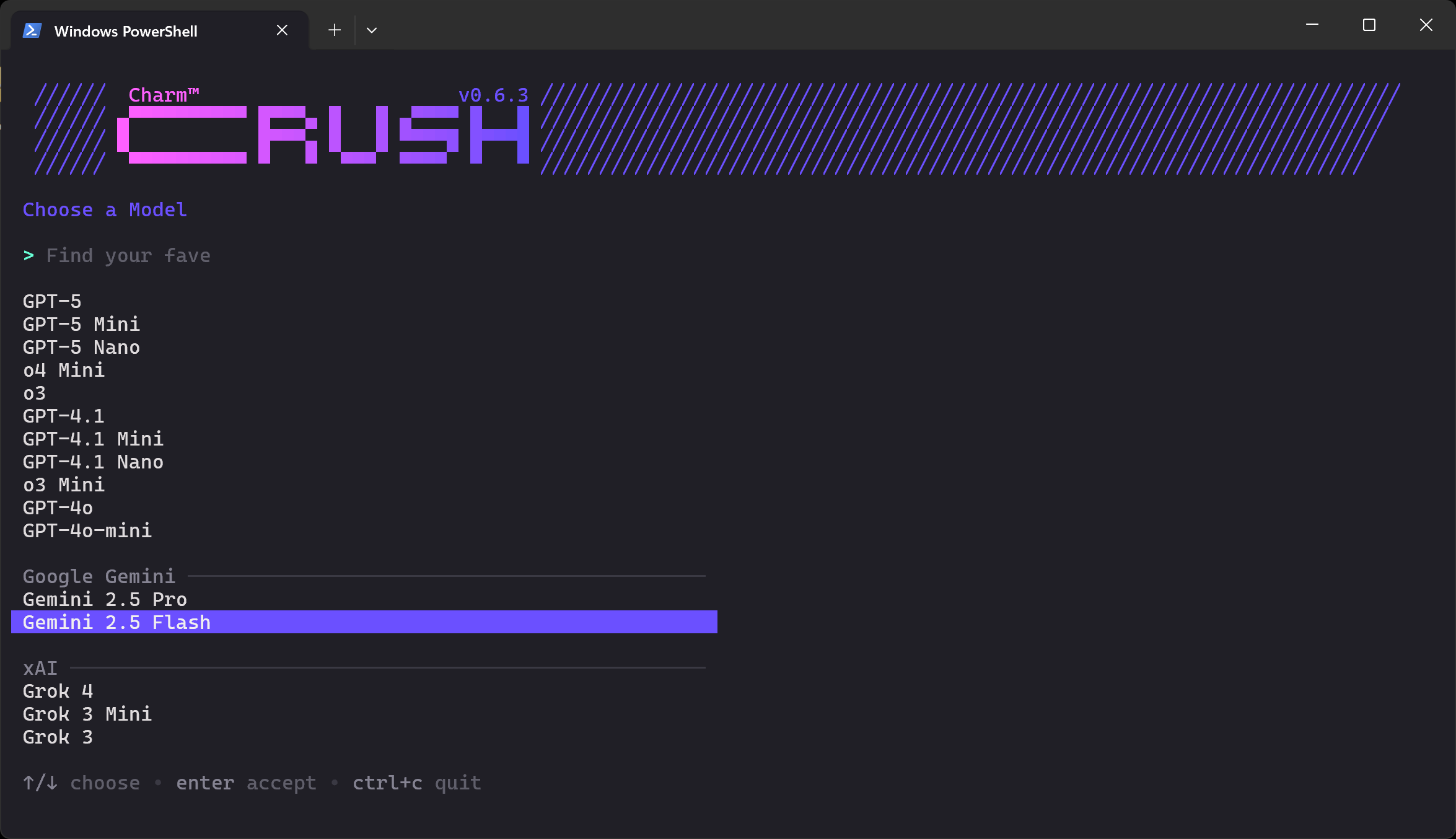 Selecting the LLM model to configure on Crush