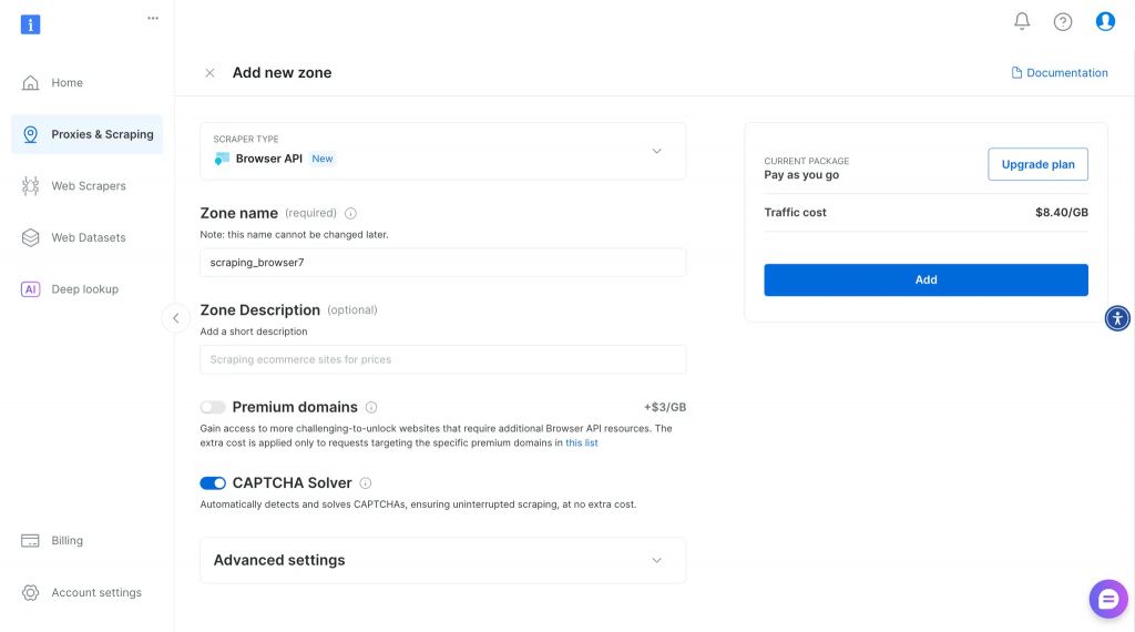 Ajout d'une nouvelle zone d'API de navigation sur la plate-forme de Bright Data