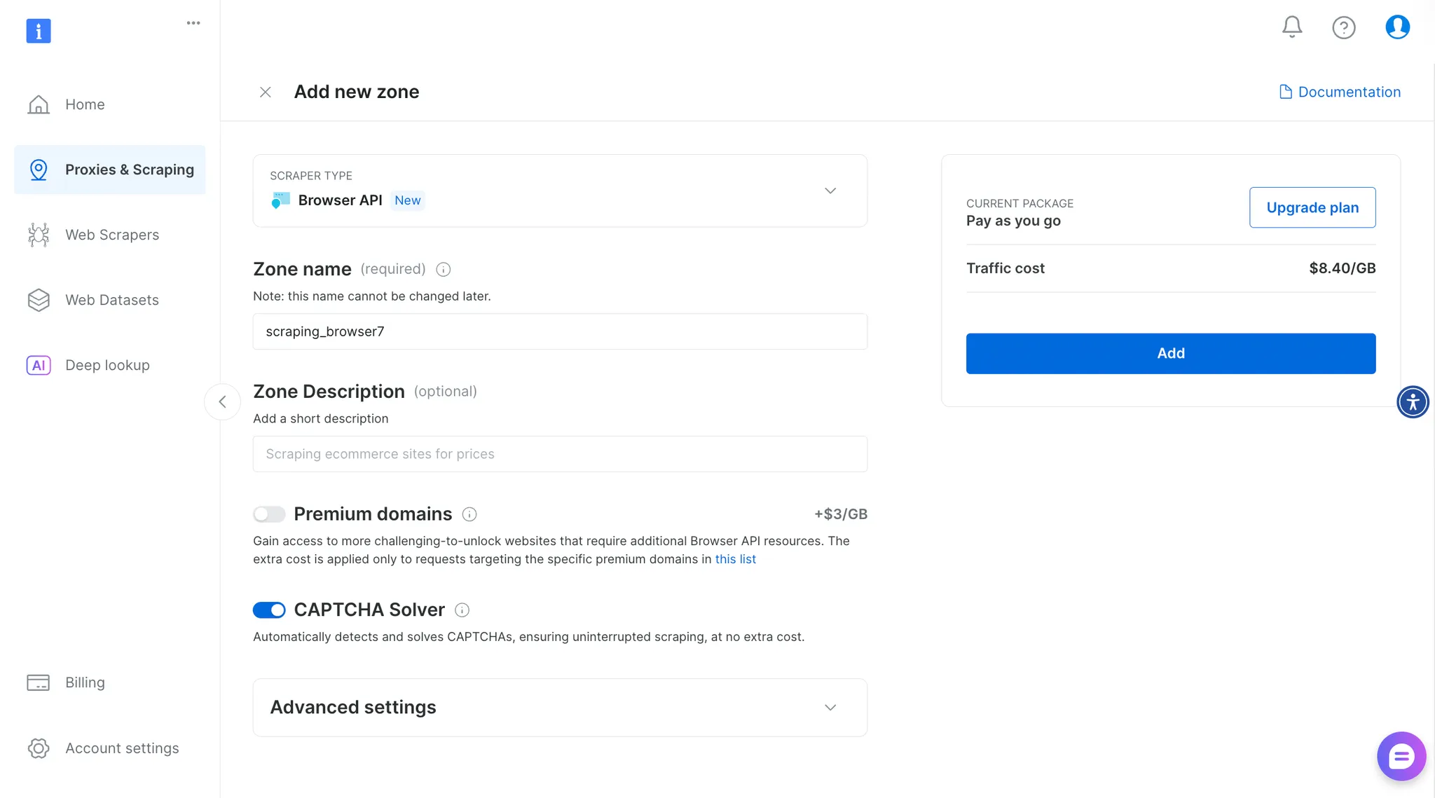 Adding a new Browser API zone on Bright Data's platform