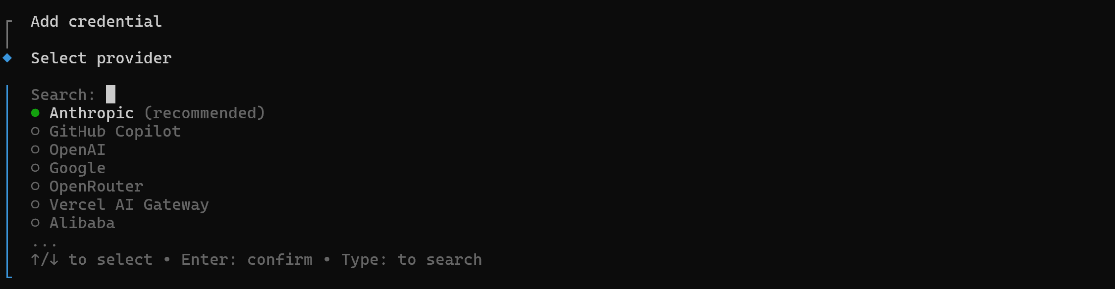 Selecting the “Anthropic” provider in opencode