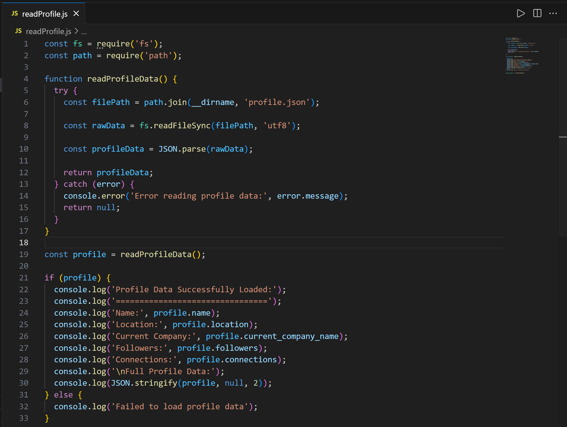 Exploring readProfile.json in VSC