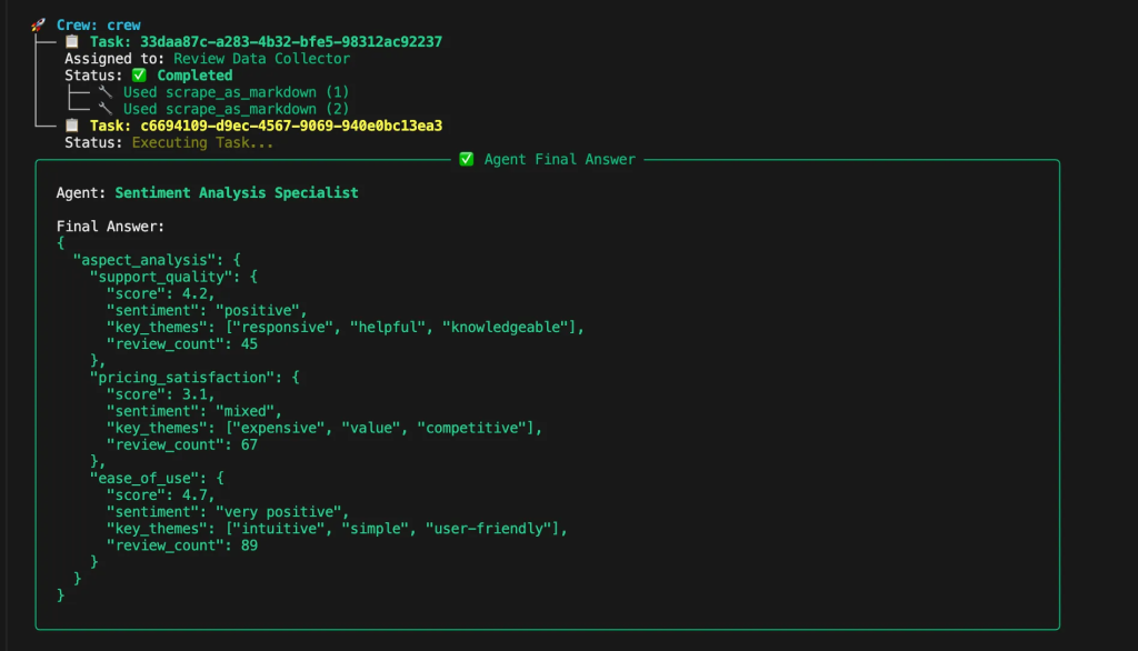 agent returning the categorized reviews
