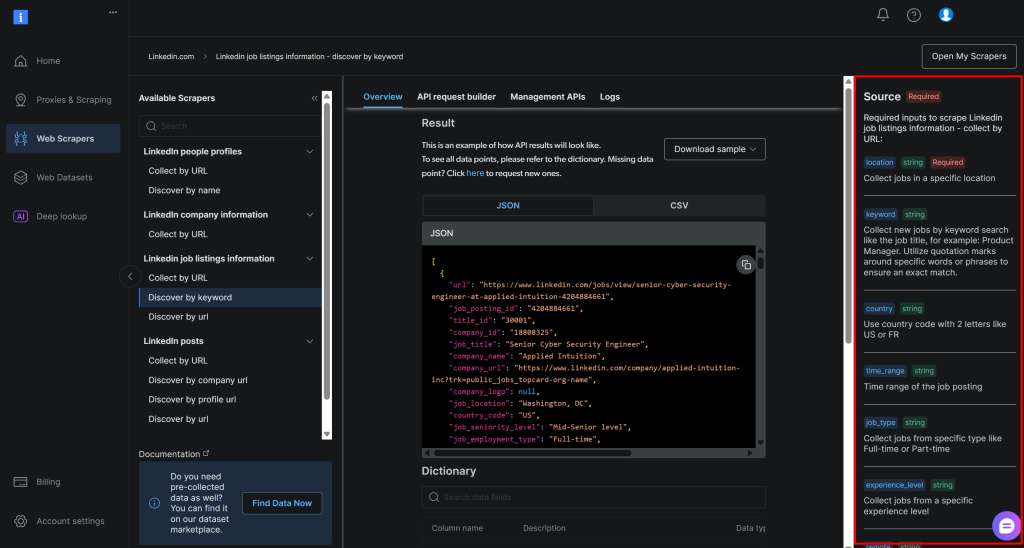 Note the source arguments in the Bright Data LinkedIn job listings “discover by keyword” page