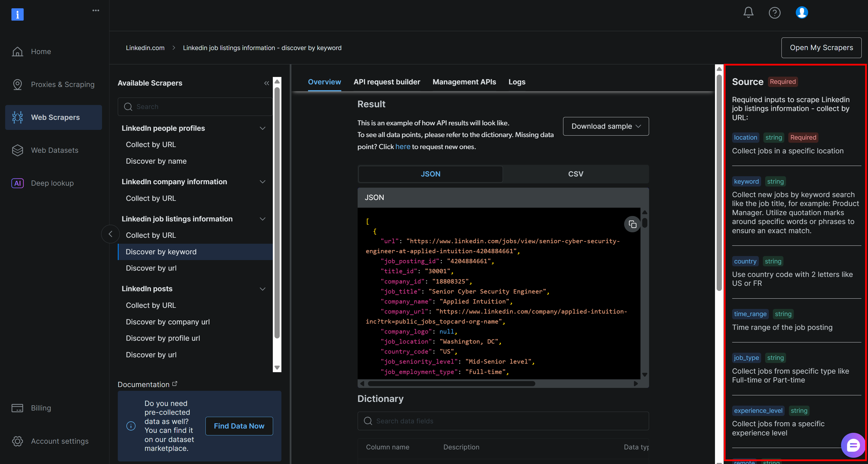 Note the source arguments in the Bright Data LinkedIn job listings “discover by keyword”  page