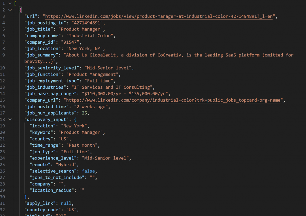 The resulting JSON snapshot containing LinkedIn job listings produced by the LinkedIn Jobs Scraper