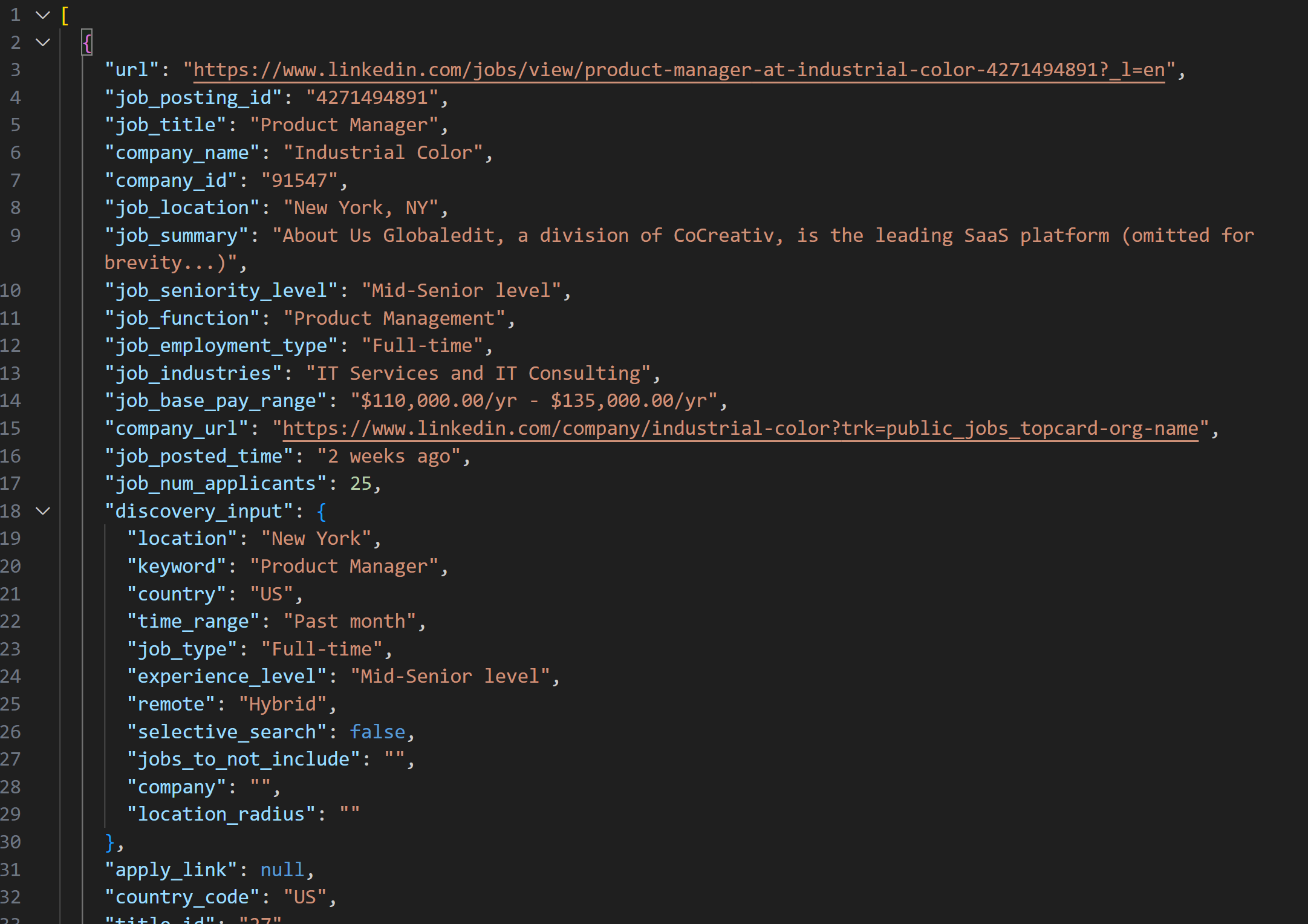 The resulting JSON snapshot containing LinkedIn job listings produced by the LinkedIn Jobs Scraper