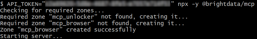 The Bright Data Web MCP server startup logs