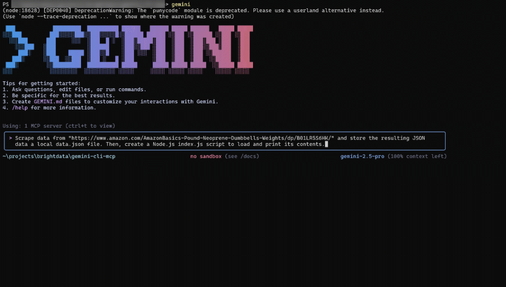 Gemini CLIでのプロンプトの実行