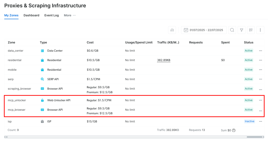 Die vom MCP-Server beim Start erstellten Zonen mcp_unlocker und mcp_browser