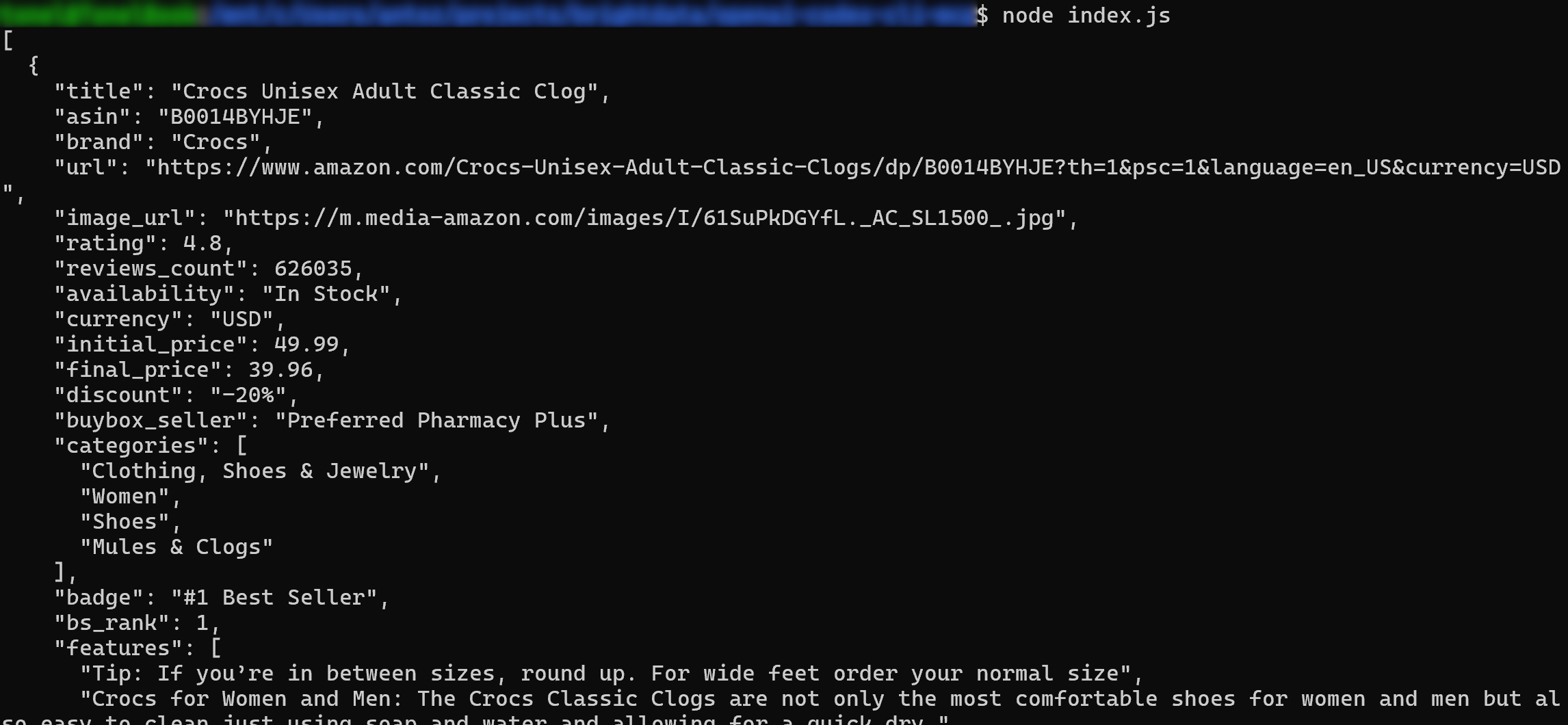 The output produced by the index.js file generated by Codex