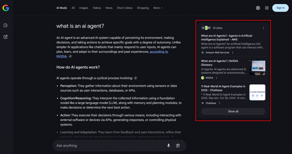 O fan-out da consulta em uma página de resultados do Google AI Mode