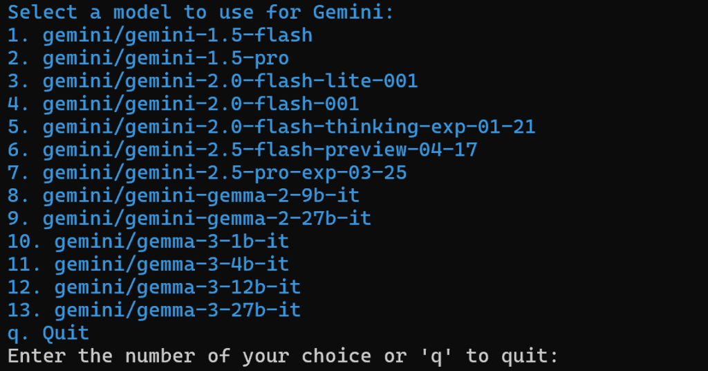 Seleção de um modelo Gemini