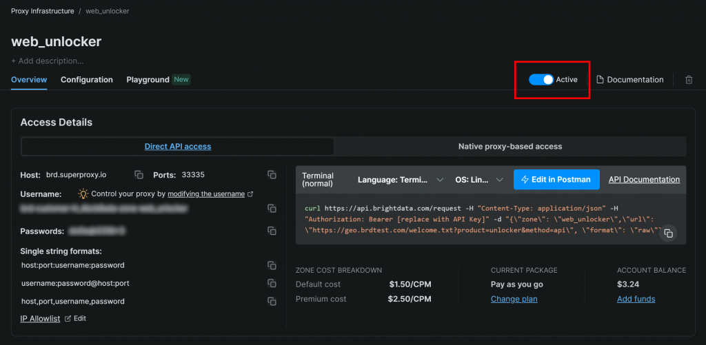A zona do Web Unlocker está ativada