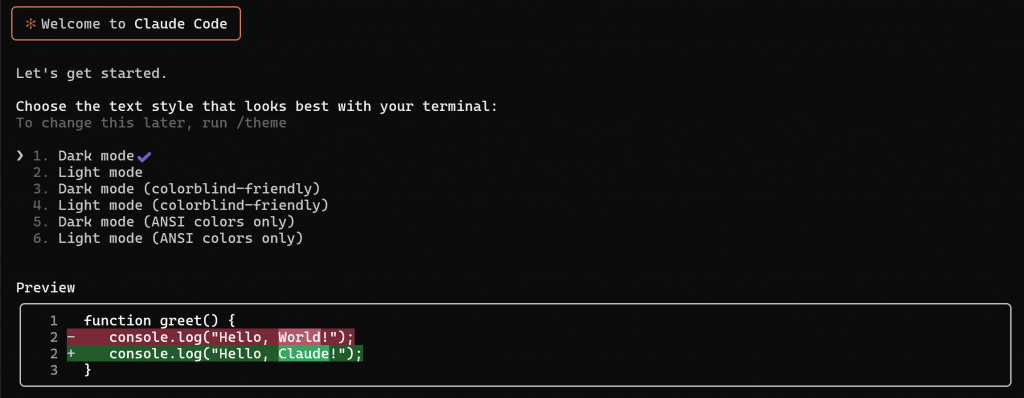 Selecting the theme in Claude Code