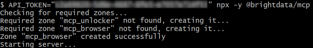 The Bright Data MCP server startup logs