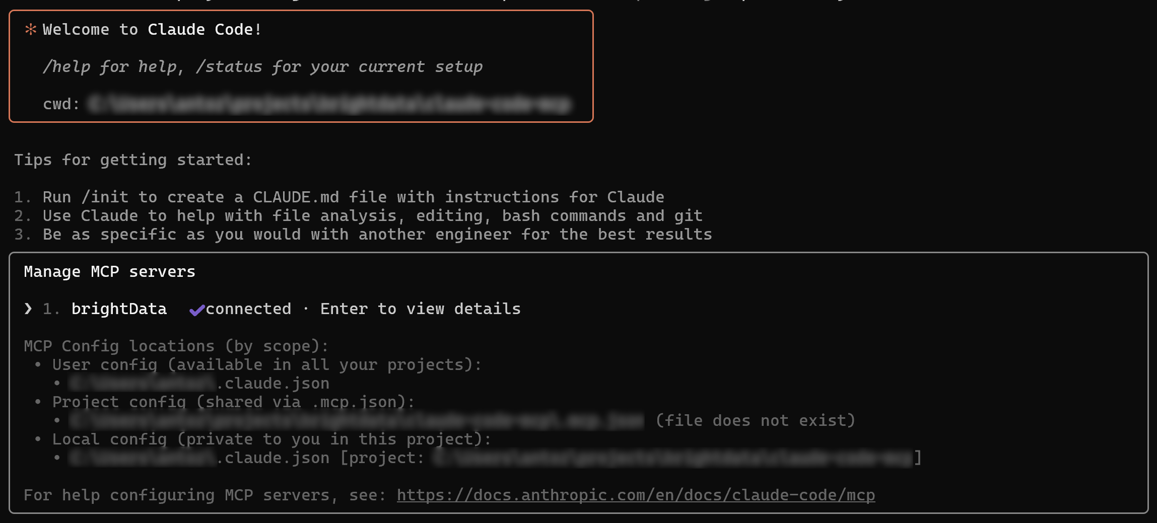 Claude Code successfully connected to the brightData MCP