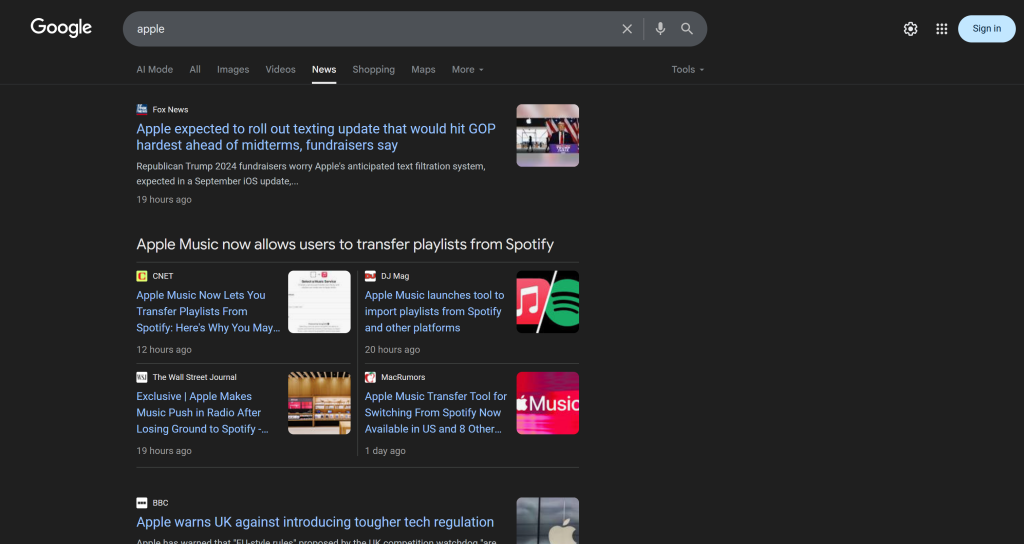 An example of a Google News page
