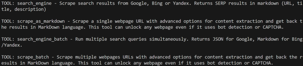 The tool list output with Pro mode disabled