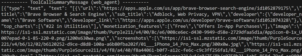 Note the JSON result returned by the tool