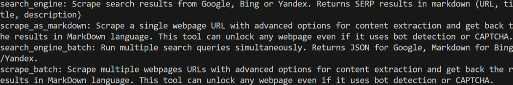 The tool list output