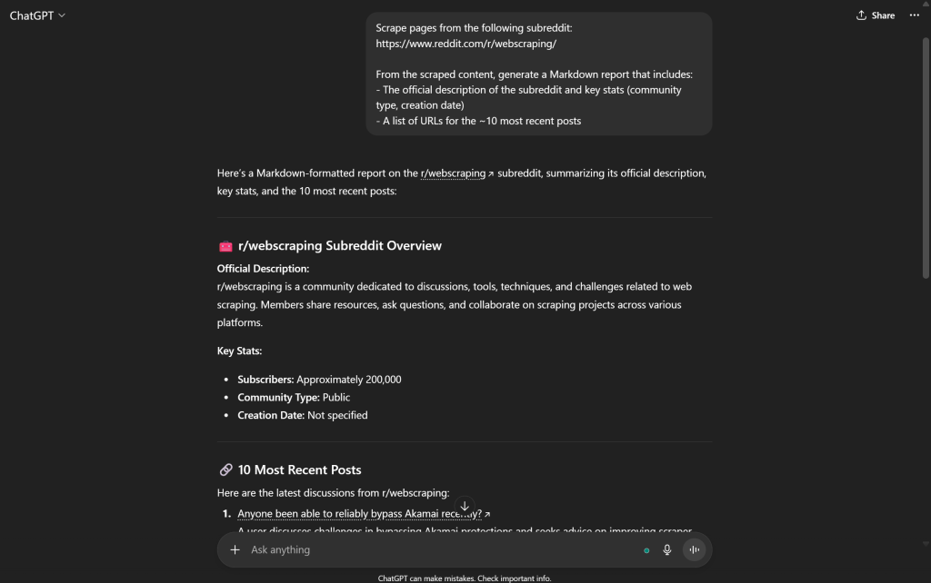 ChatGPT in action on the given prompt
