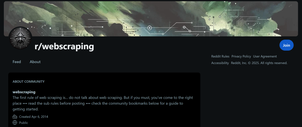 The /about page of the r/webscraping subreddit