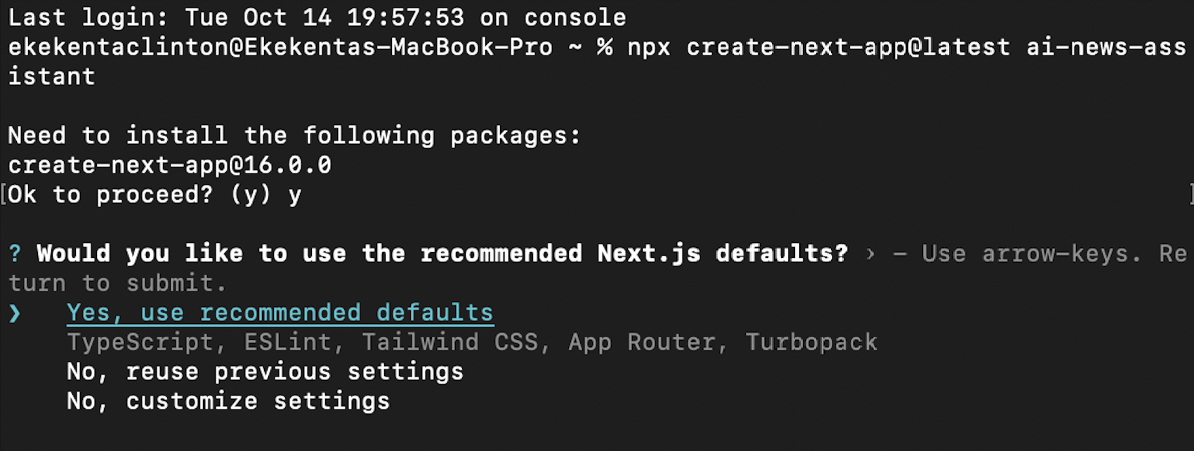 Selecting the usage of recommended settings