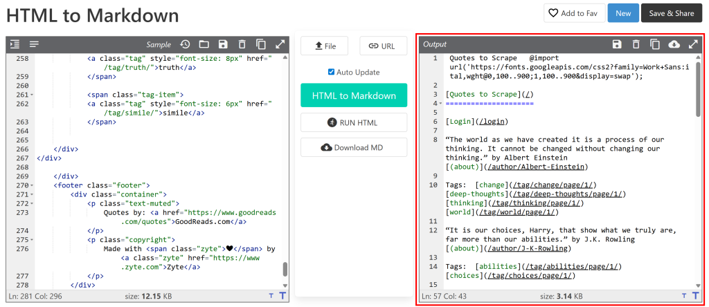 The pasted text in the HTML to Markdown converter