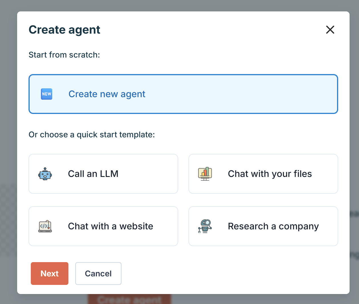 Selecting the “Create new agent” option