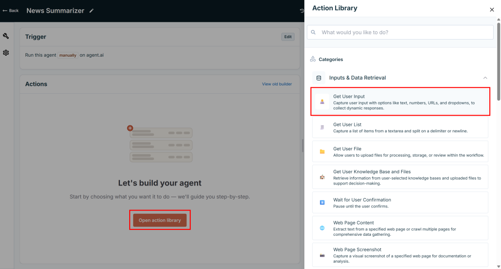 Selecting a “Get User Input” action