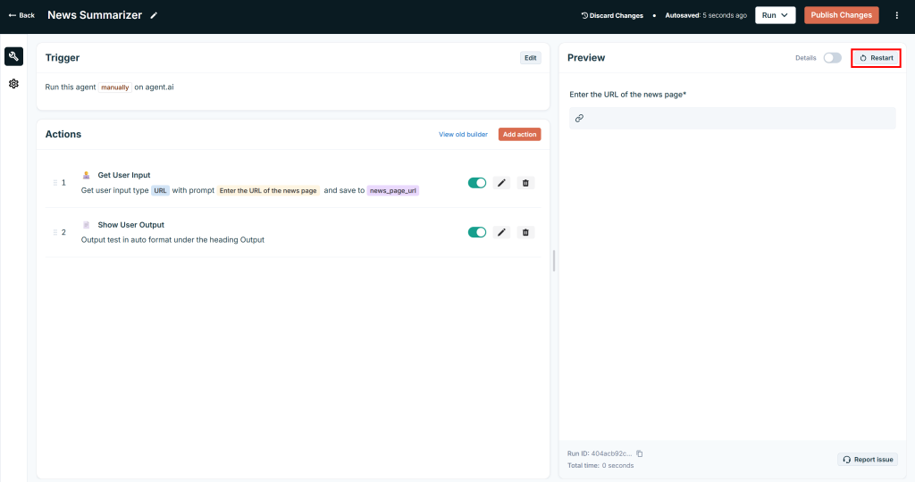 Reloading the agent preview