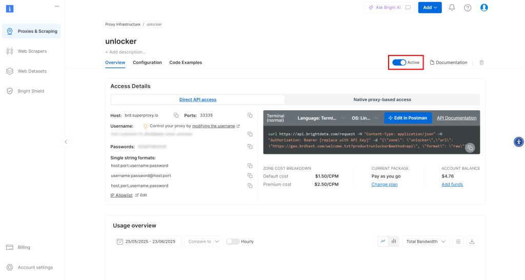 The “unlocker” Web Unlocker API zone page